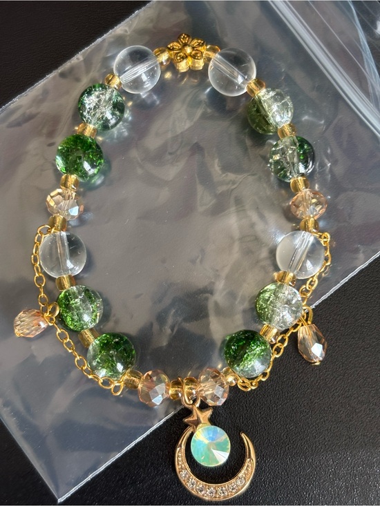 Hand Crafted Jewelry - Hand Crafted Gold-tone Green and Clear Beaded Moon Pendant stretch bracelet